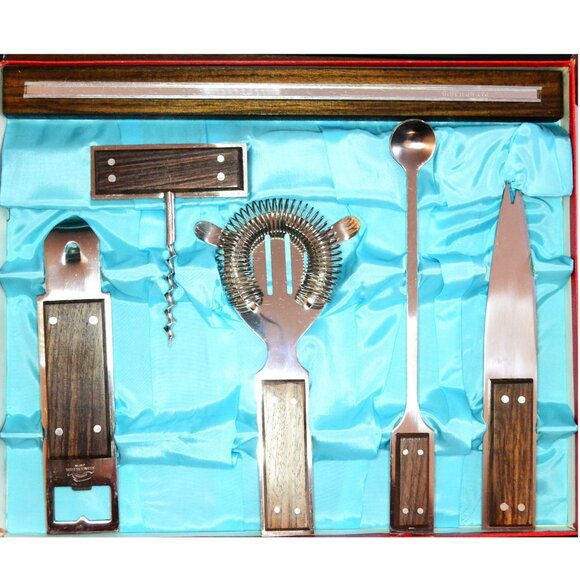 Kraftware Bar Tool Boxed Set Vintage MCM Wall Hangable Home Decor Man Cave Japan